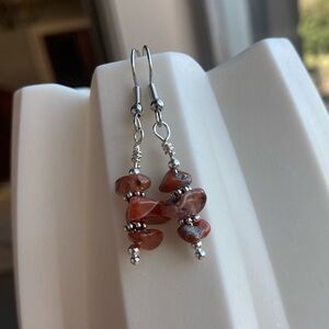 Elegant Silver and Natural Red/Orange Stone Earrings